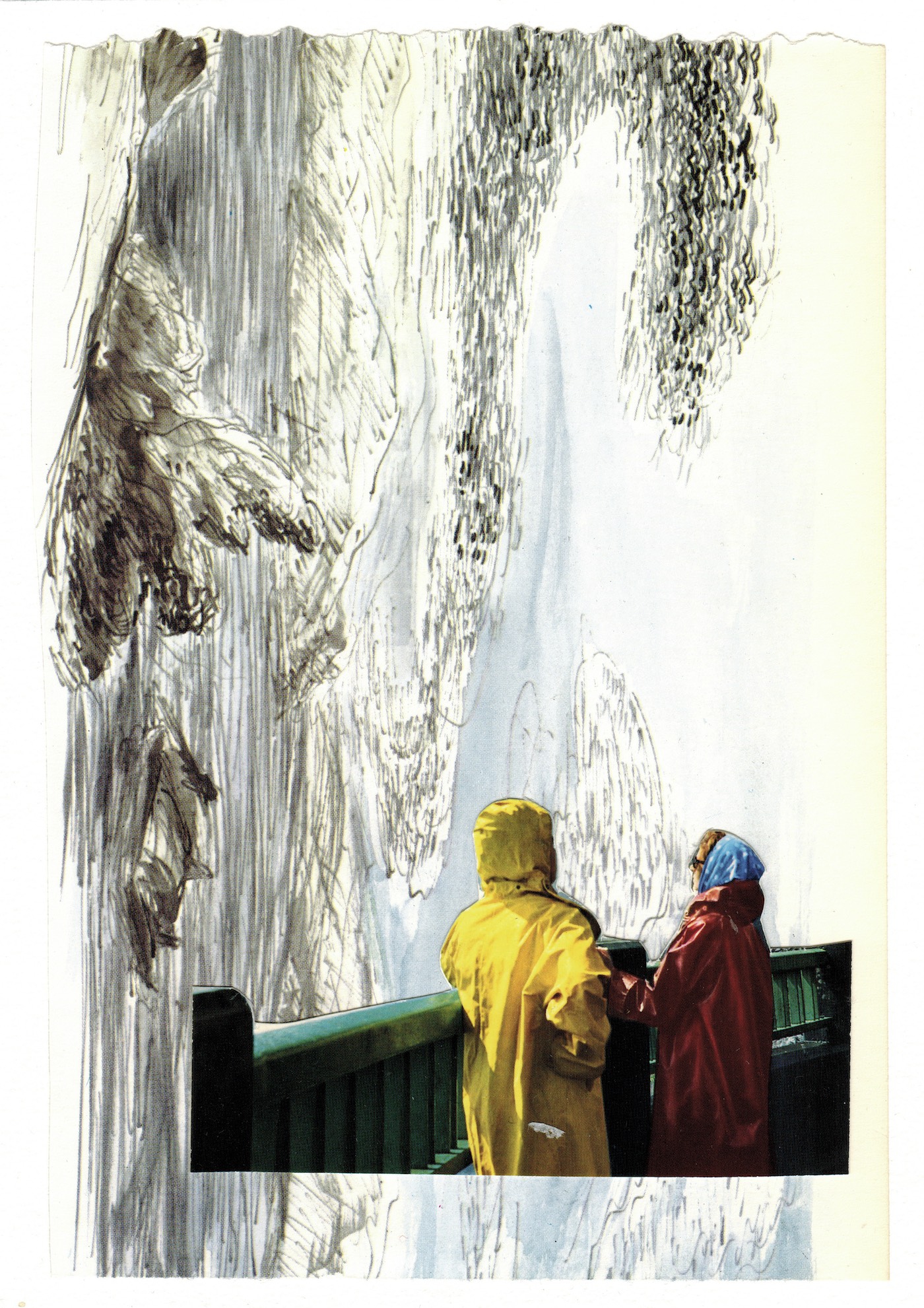 The front page of the zine is filled with a collage. In the background there is an illustration in black, white and pale blue. The sketch shows a rough landscape turned on its side, water stretching off into the distance and a murmuration of birds overhead. In the foreground there is a roughly cut out image from an old 1980s colour postcard. Two women - one in a yellow raincoat, the other in a red raincoat wearing a blue headscarf - have their backs turned to the viewer. They are standing at a viewing deck looking out across the swirling scene, the murmuration in the background looks like a cresting wave, poised to crash down on their heads.