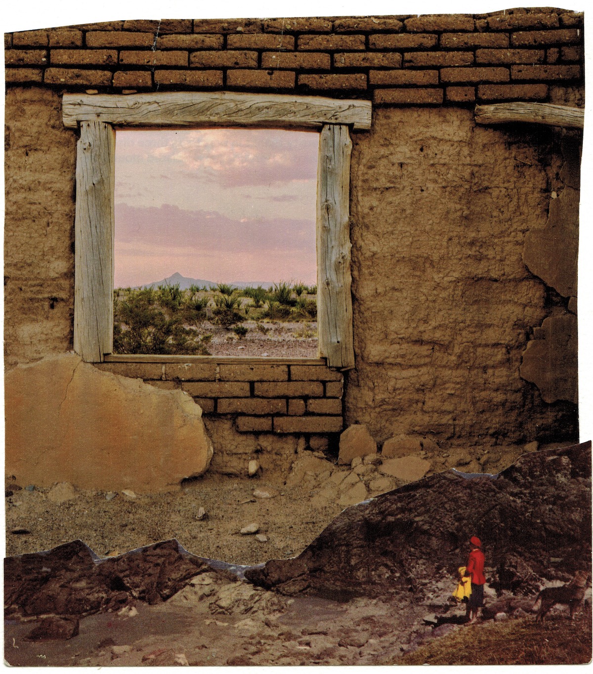The top half of the page is filled with a collage. We are inside a crumbling brick building. Through an open window, marked out by a timber frame, we can see a sunset over a desert landscape. The pale outline of mountains in the distance and a skyline marked in bands of baby pink, purple and grey. In the foreground, layered over the building, a cut out from an old postcard. In it a tiny, distant woman stands with her back to us amidst a rocky landscape. She is wearing a bright red hat and matching jacket and clutching a bright yellow coat in her hands. Her head is directed as if she is looking out of the window, staring at the same sunset as us.