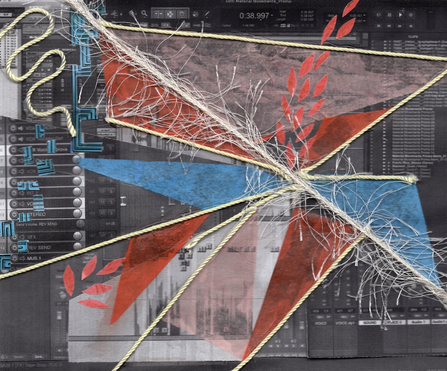 ‘Session’ is a collage created by Mitra Kaboli. In the background we see a digital audio work screen, an open edit session for an audio piece in the process of being made. The background is composed of greys and dark black tones, we can glimpse a list of sound files down the right hand side, on the left hand side we can see the names of tracks marking out music and SFX. However the edit window is overlayed with a burst of colour and texture, obscuring the details behind. Lengths of yellow string pull lines across the image, marking out triangles filled with colourful tissue paper in red, blue and pale pink. The image feels tactile, like you could run your fingers across the surface of it. One piece of white string carves a diagonal line across the collage. Its frayed threads like thin hairs reaching outwards across the patches of colour, slipping towards the digital background. In the top left corner one stray yellow piece of string snakes sinuously down towards the burst of colour and shape. Cut out blue rectangles and squares of paper dot down the left hand side and small, red leaf-like images form a shape that emerges from the middle of the string cluster - like the lick of a flame or a feather.
