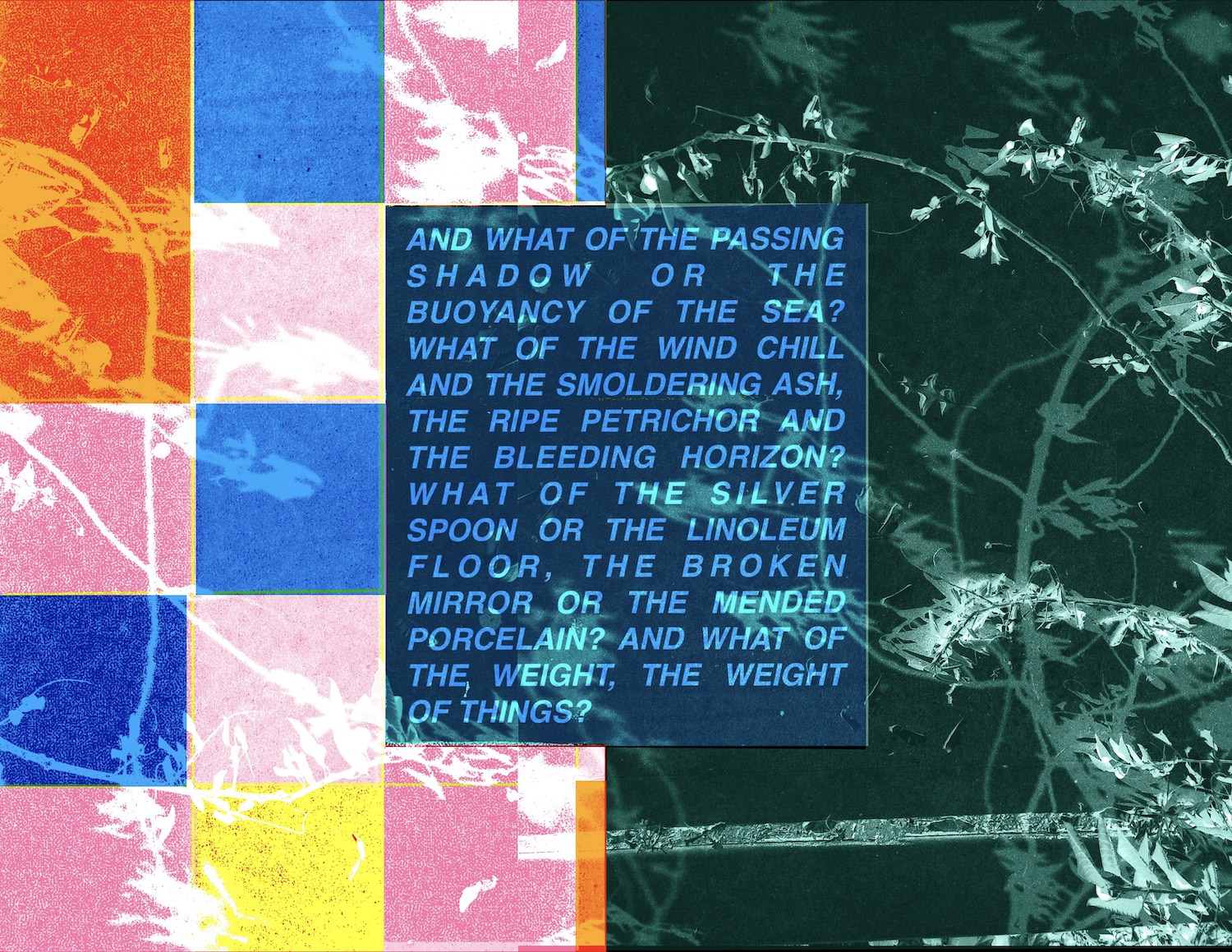 In the fifth panel of Ariana Martinez’s Not Just a Cut, a central box of midnight blue holds text in a paler tone, And what of the passing shadow or the buoyancy of the sea? What of the wind chill and the smouldering ash, the ripe petrichor and the bleeding horizon? What of the silver spoon or the linoleum floor, the broken mirror or the mended porcelain? And what of the weight, the weight of things? Behind the box is the image is split in two. On the right, a rich forest green and the imprint of a photograph which shows twirling plant tendrils. On the left, the image is divided into smaller boxes. The plant tendrils find their way across this image, rendered in a bright white. The panels offer shades of pink, blue, orange and a splash of yellow.