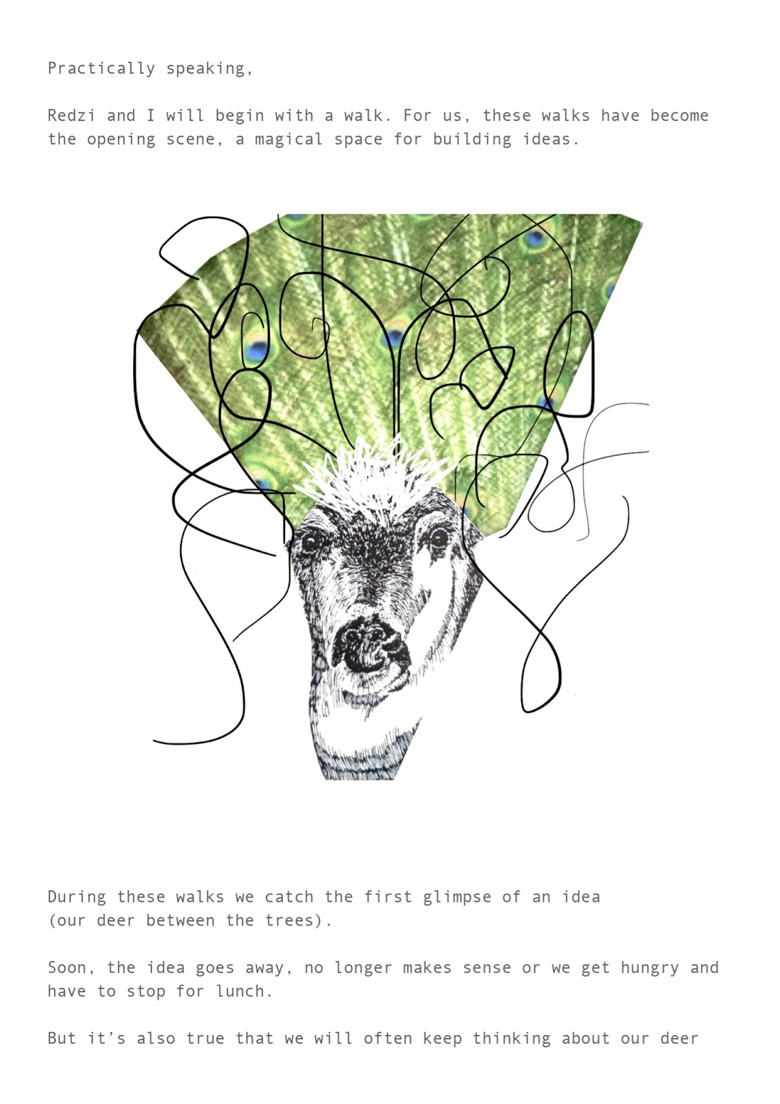 On the second page of Redzi Bernard and Phoebe McIndoe’s collage essay we see a close up image of the deer’s face. Their eyes stare directly into yours. A plume of green peacock feathers emerges from the top of their head. The text reads, Practically speaking. Redzi and I will begin with a walk. For us, these walks have become the opening scene, a magical space for building ideas. During these walks we catch the first glimpse of an idea (our deer between the trees). Soon, the idea goes away, no longer makes sense or we get hungry and have to stop for lunch. But it’s also true that we will often keep thinking about our deer.