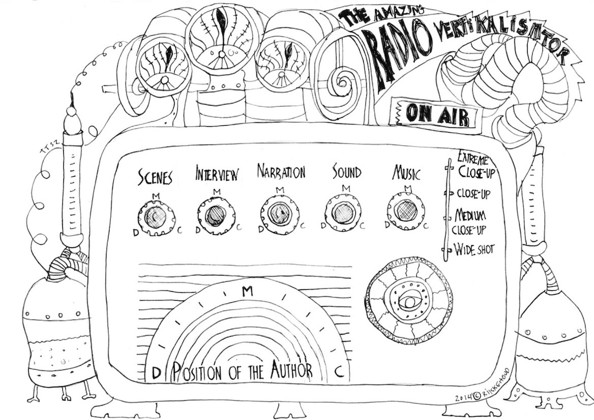 A drawing of a grand, fantastical looking contraption. Reminiscent of an old radio it has a collection of dials across its front. At its base, a rainbow like dial invites you to choose the, position of the author. Along its top, you can turn dials to adjust, scenes, interview, narration, sound and music. A sliding scale invites you to consider if you want things to be in, Extreme close-up, close-up, medium close-up or wide shot. An On Air light rests on top of the machine. It’s surrounded by whirling pipes and tubes that twist into two vats full of magical liquid at its sides. Curling along a tube at the top the heading reads, The Amazing Radio Vertikalisator