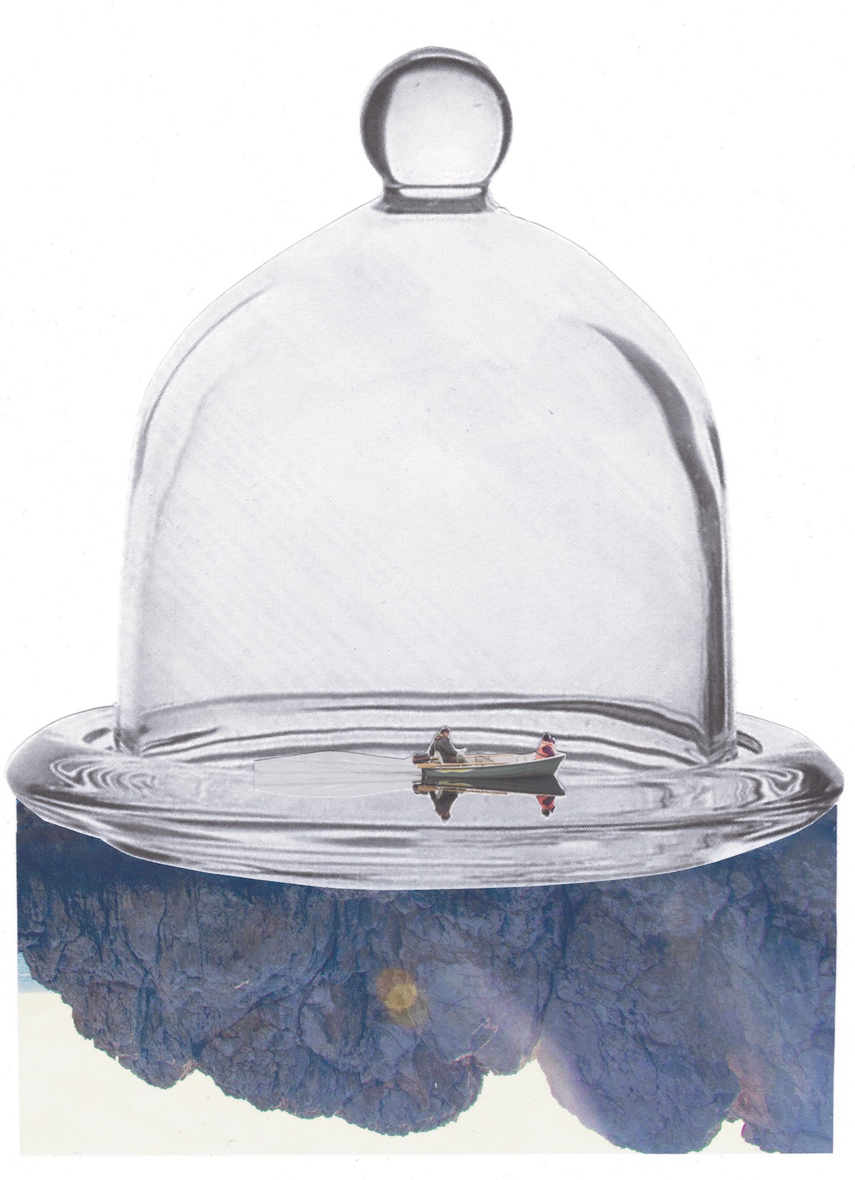 Two distant figures float along the surface of a glassy lake in a small rowing boat. The lake is encased by a glass dome. Below it, what looks like mountainous plumes of inky blue blossom under the surface.