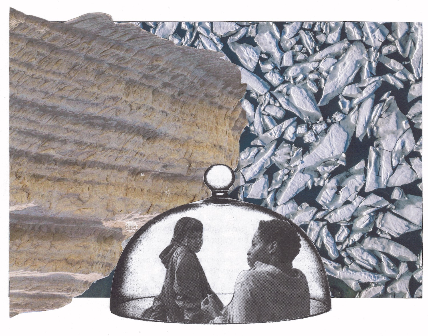 A young woman gazes at a man whose eyes stare off into the distance. They sit tightly encased in a glass dome. In the background the sharp texture of rusted metal occupies one half of the image, shards of silver flint cover the other.